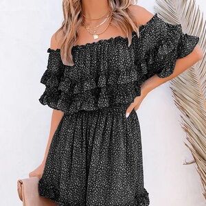 Flowy Off Shoulder Speckled Ruffle Mini Dress